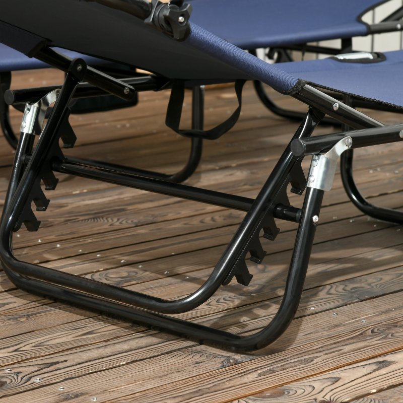 Outsunny 2 Piece Folding Sun Loungers with Canopy, Adjustable Recliner Garden Chairs with Side Pocket, Steel Frame and Breathable Mesh for Outdoor, Pool, Beach, Garden, Dark Blue