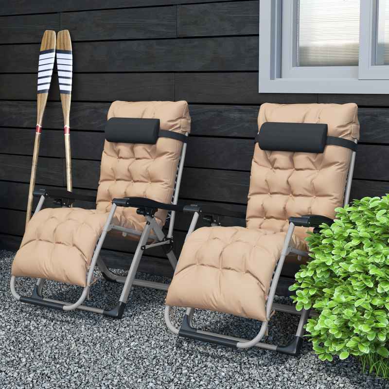 Outsunny 2 Piece Reclining Zero Gravity Chair Metal Frame Folding Garden Sun Lounger with Cushion Headrest, Khaki