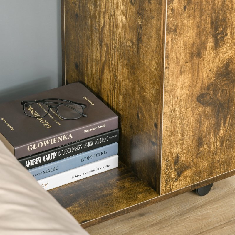 HOMCOM Mobile Sofa Side Table C-Shape End Table with Storage and Casters for Laptop Coffee Snack