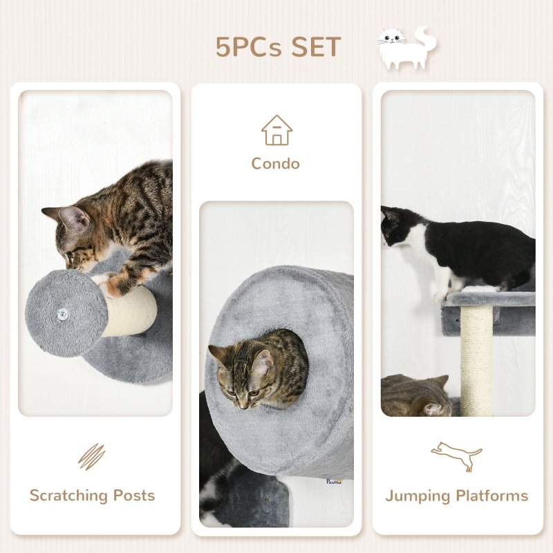 PawHut 5Pcs Cat Wall Furniture with Perch, Cat House, Scratching Post, Wall-Mounted Cat Tree for Indoor Cats - Grey