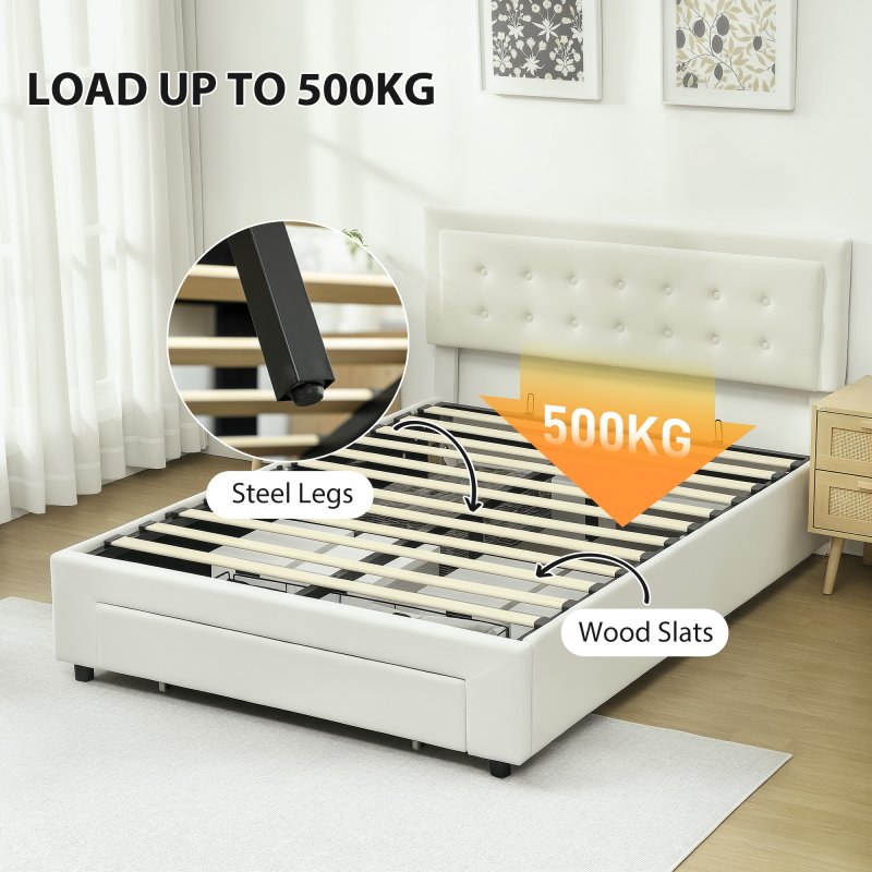 HOMCOM Double Ottoman Bed Frame, 4ft6 Gas Lift Storage Bed with 2-Level Adjustable Velvet Upholstered Headboard, Wheeled Drawer and Wooden Slats, No Mattress, Cream White