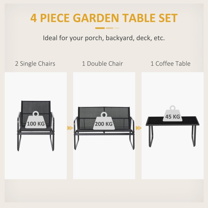 Outsunny 4 Piece Garden Furniture Set Outdoor Patio Sofa Set with Double Chair, Single Chairs and Glass Top Table for Terrace and Balcony