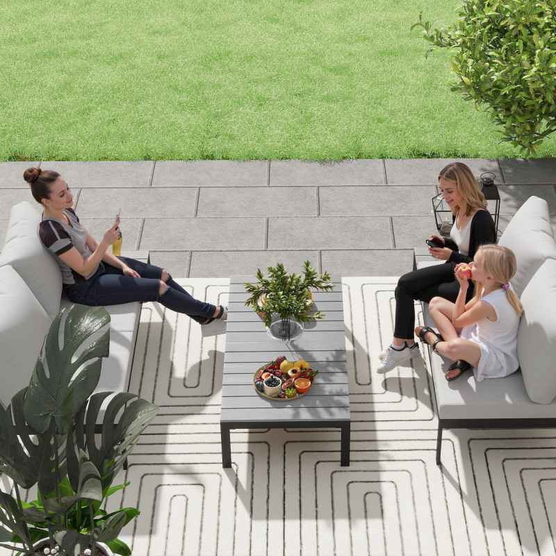 Outsunny 4 Piece L Shaped Garden Furniture Set, 4 Seater Garden Corner Sofa Set, 2 Loveseats with Removable Backs, 2 Wood-Plastic Coffee Tables and Thick Cushions for Outdoor, Grey