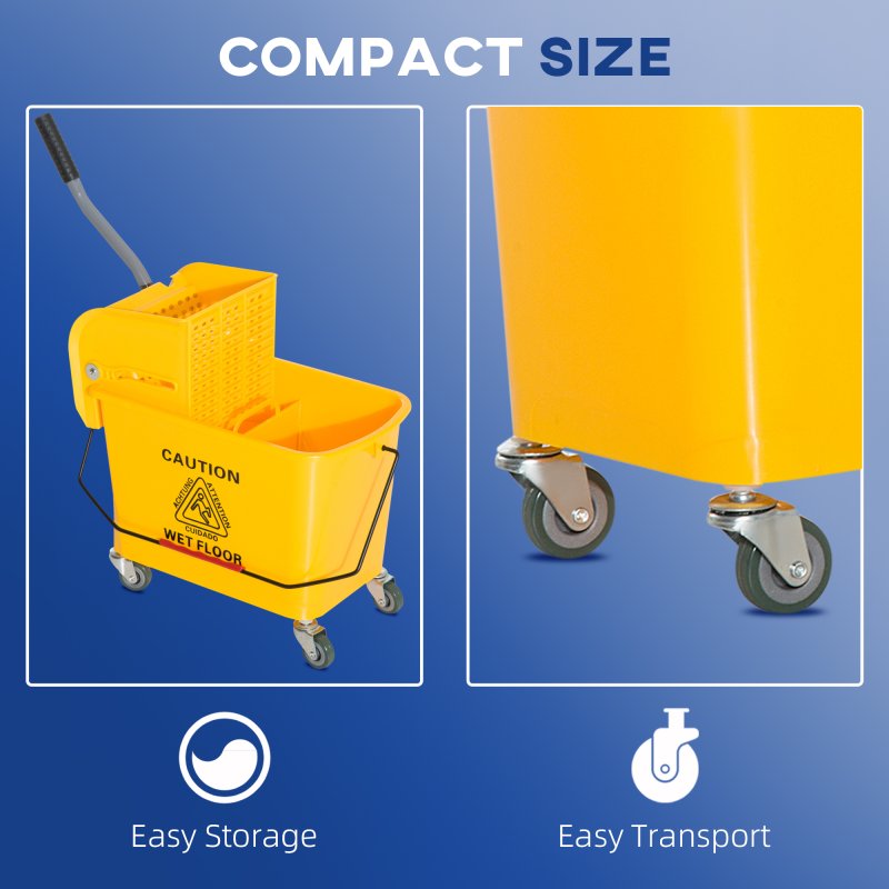 HOMCOM 20L Mop Bucket with Wringer and Handle, Mop Bucket on Wheels for Floor Cleaning, Separate Dirty and Clean Water