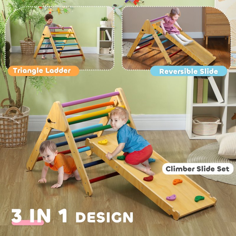 AIYAPLAY Toddler Climbing Frame, 3 in 1 Pikler Triangle Set with Ramp, Wooden Climbing Frame Indoor Baby Gym, for 18-48 Months, Multicoloured