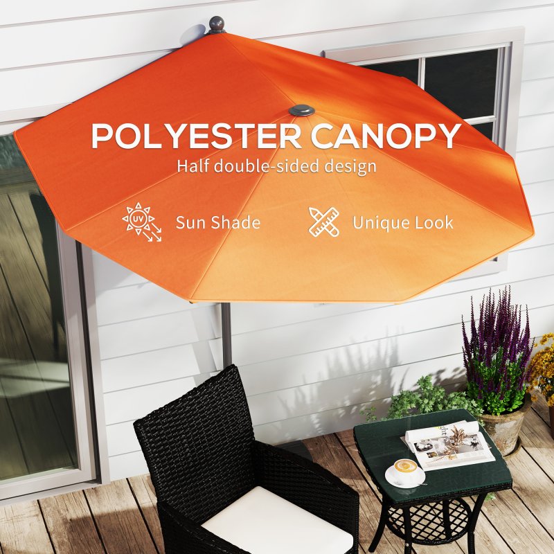 Outsunny 2m Half Parasol Market Umbrella Garden Balcony Parasol with Crank Handle, Cross Base, Double-Sided Canopy, Orange