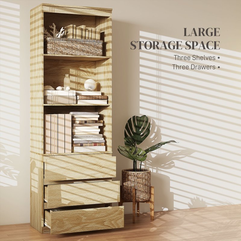 HOMCOM 180cm Tall Bookcase with Storage, Free Standing Bookshelf with 3 Shelves and 3 Drawers, Display Cabinet for Living Room, Home Office, Bedroom