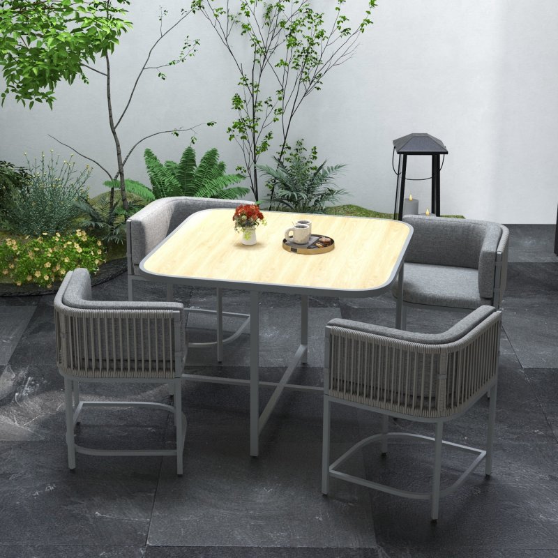 Outsunny 4 Seater Rattan Cube Garden Furniture Set with Cushions, Square Garden Dining Set with Stone Composite Board Top Table, Wicker Outdoor Table and Chairs, Grey