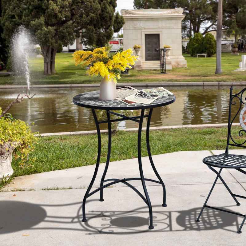 Outsunny 60 cm Mosaic Garden Table, Small Round Outdoor Side Table with Ceramic Top, Plant Stand for Patio, Balcony, Grey and Green