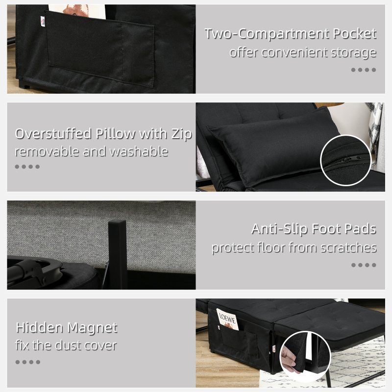 HOMCOM Folding Chair Bed, 4-in-1 Convertible Sleeper Chair with Adjustable Backrest, Pillow, Side Pockets, Armchair for Bedroom, Living Room