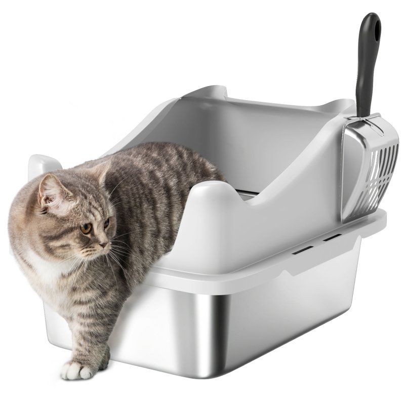 PawHut Cat Litter Tray Stainless Steel, Cat Litter Box High Sided with Metal Litter Scoop, Never Absorbs Odors, Anti Leakage & Easy to Clean, 43 x 33 x 25 cm, Grey