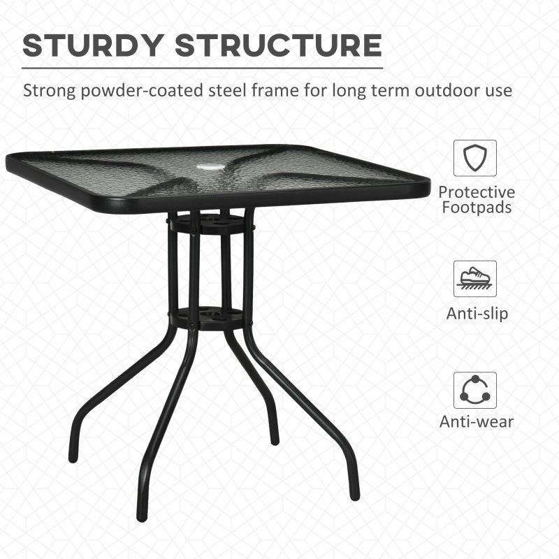 Outsunny 76 cm Square Dining Table with Parasol Hole, Outdoor Coffee End Side Table with Tempered Glass Top, Steel Frame for Garden, Patio, Black
