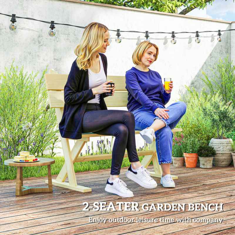 Outsunny 2 Seater Wooden Garden Bench, Fir Wood Outdoor Bench, Garden Loveseat with Slatted Seat, Sloping Back and Wide Feet for Patio, Park, Natural Wood Finish
