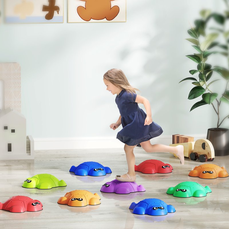 AIYAPLAY Balance Stepping Stones, 9-Piece Turtle-Shaped Stackable River Stones with Non-Slip Edge, Indoor Outdoor Obstacle Course for Kids Age 3-8 Years, Multicoloured