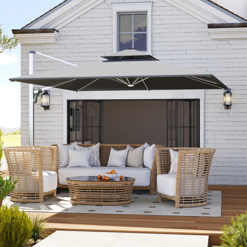Outsunny 3(m) Garden Cantilever Parasol with Solar LED Lights, Overhanging Patio Umbrella with Cross Base, 360 Rotation, Crank Handle and Tilt, 8-Rib Outdoor Hanging Sun Shade, Grey