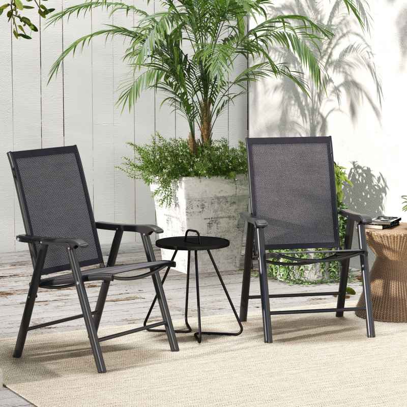 Outsunny Set of 2 Folding Garden Chairs, Metal Frame Garden Chairs Outdoor Patio Park Dining Seat with Breathable Mesh Seat, Dark Grey