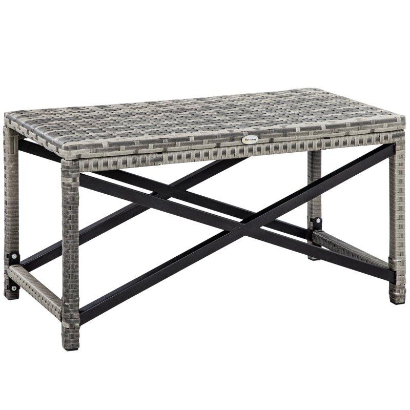 Outsunny Outdoor Coffee Table, Garden PE Rattan Side Table with Plastic Board Under the Full Woven Table Top and X-Shape Frame for Patio, Balcony, Mixed Grey