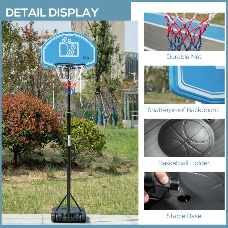 HOMCOM Basketball Hoop and Stand with PE Backboard and Weight Base Height Adjustable 1.6-2.1m Portable on Wheels, Blue