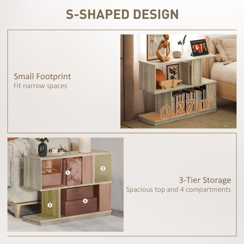 HOMCOM S-Shaped Side Table, 3-Tier Narrow End Table with Storage Shelves, Modern Nightstand for Living Room, Bedroom, 90W x 30D x 61H cm, Natural Wood Finish