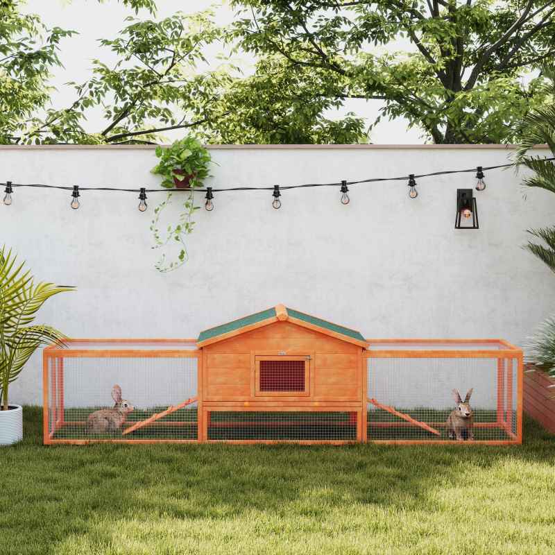 PawHut Rabbit Hutch Run, Guinea Pig Hutch Wooden Bunny House with Tray, Ramps, Asphalt Roof, for Garden, Yard, 309 x 70 x 87cm, Orange