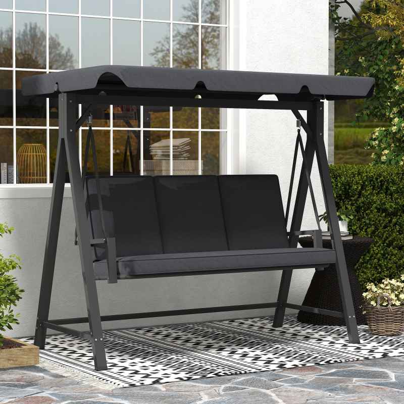 Outsunny 3 Seater Garden Swing Seat with UPF30+ Adjustable Canopy, Swing Chair with Cushion, Outdoor Hammock Bench for Balcony Patio, Dark Grey