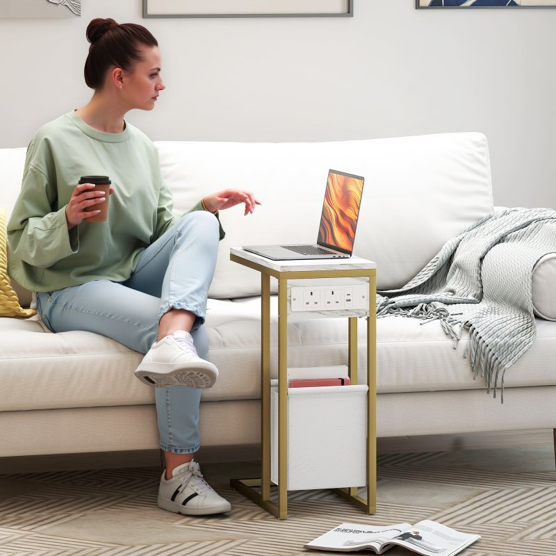 HOMCOM C Shaped Side Table with Storage and Charging Station, Faux Marble Narrow Bedside Table with Fabric Storage Bag and Steel Frame for Living Room, Bedroom, White