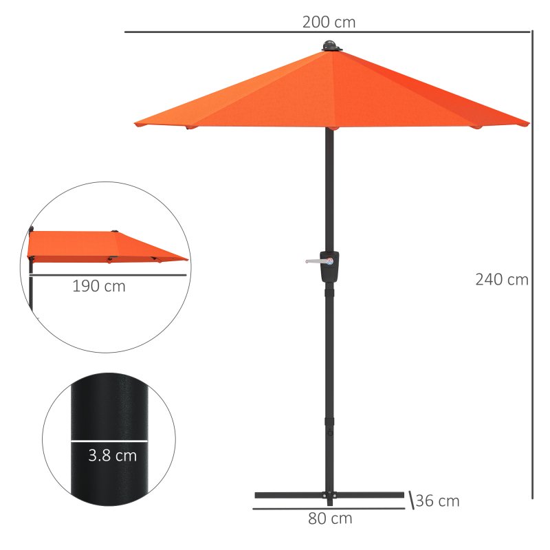 Outsunny 2m Half Parasol Market Umbrella Garden Balcony Parasol with Crank Handle, Cross Base, Double-Sided Canopy, Orange