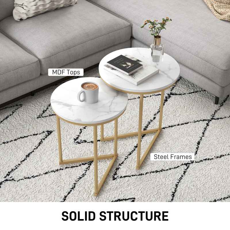 HOMCOM Nesting Coffee Table Set of 2, Modern Nest of Tables, Round Sofa Side Tables with Metal Frame for Living Room, Bedroom, Small Space, Gold Tone