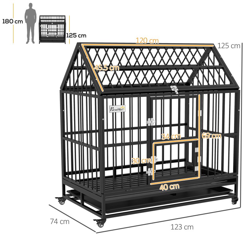 PawHut 48" Heavy Duty Dog Crate, Indoor Outdoor Dog Cage on Wheels with Locks, Removable Tray, Openable Top, 2 Doors, for Large and Extra Large Dog - Black