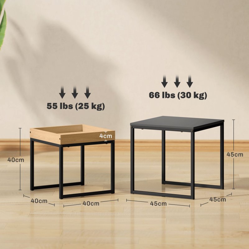 HOMCOM Nesting Coffee Table Set of 2, Modern Nest of Tables, Square Sofa Side Tables with Steel Frame for Living Room, Bedroom, Small Space, Black