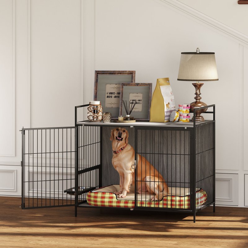 PawHut Dog Crate Furniture with 2 Rotatable Bowls, Dog Crate End Table with 2 Anti-Escape Doors, Storage Shelf, for Large Dogs, 100 x 60 x 88 cm, Grey