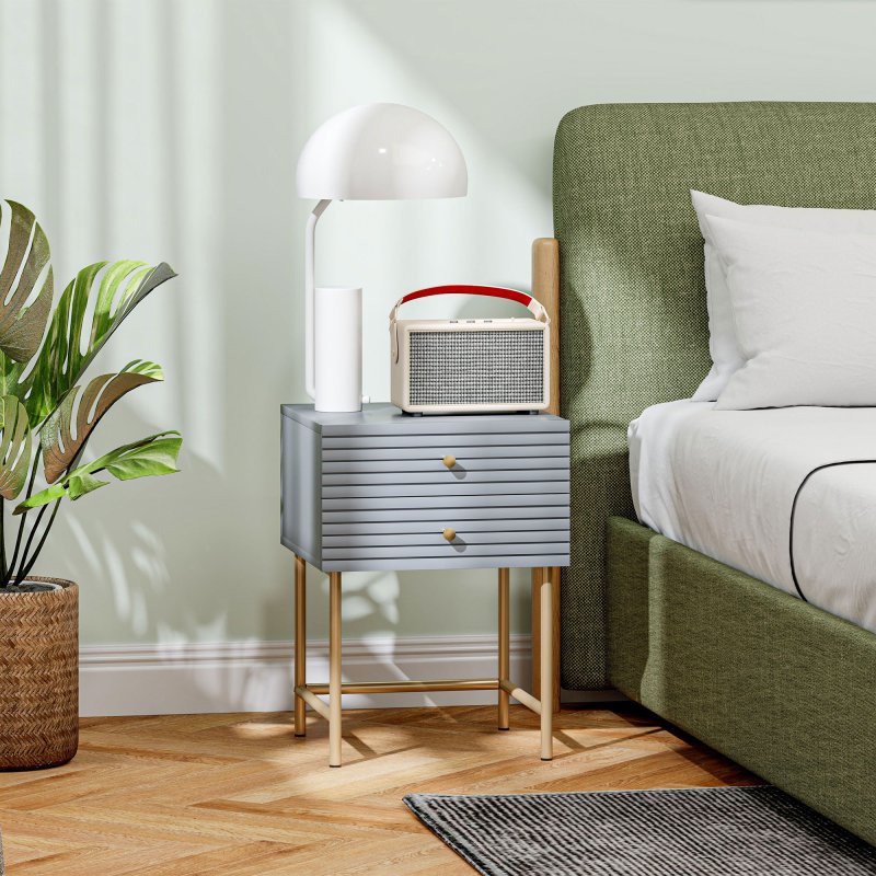 HOMCOM Bedside Tables Set of 2, Bedside Cabinet with 2 Drawers, Gold Steel Legs, Modern Side Table with Striped Panel for Bedroom, Living Room, Grey