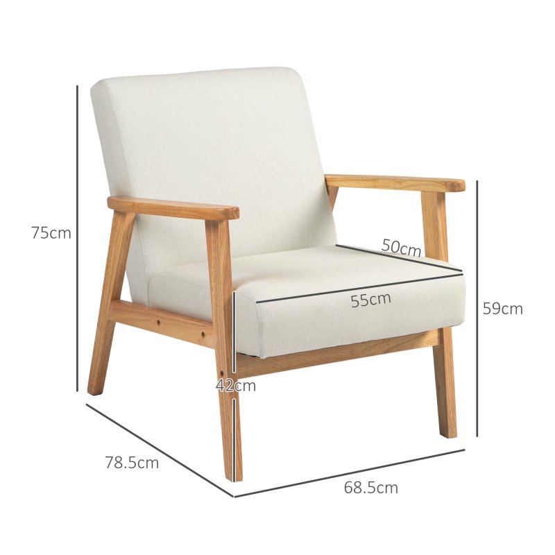 HOMCOM Accent Armchair, Living Room Chair, Wooden Upholstered Single Lounge Chair with Rubber Wood Legs and Padded Seat , Leisure Sofa Chair for Bedroom Office, Cream White