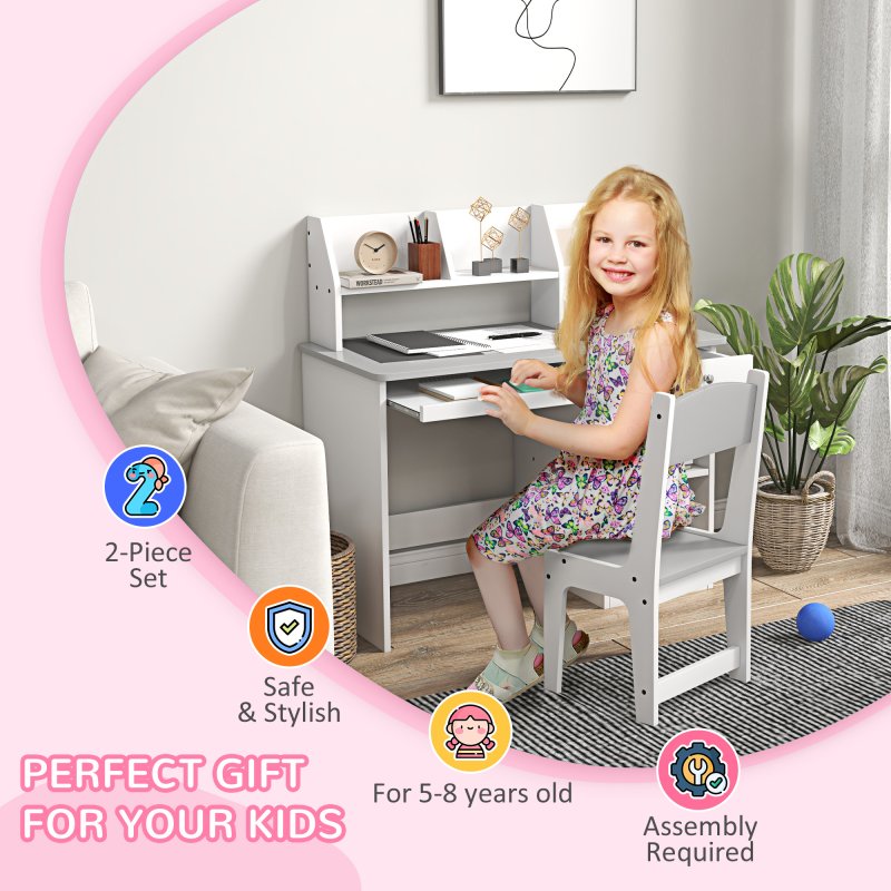 ZONEKIZ Kids Desk and Chair Set with Storage, for Ages 5-8 Years, 2 Piece Children Table and Chair Set with Keyboard Drawer, Grey