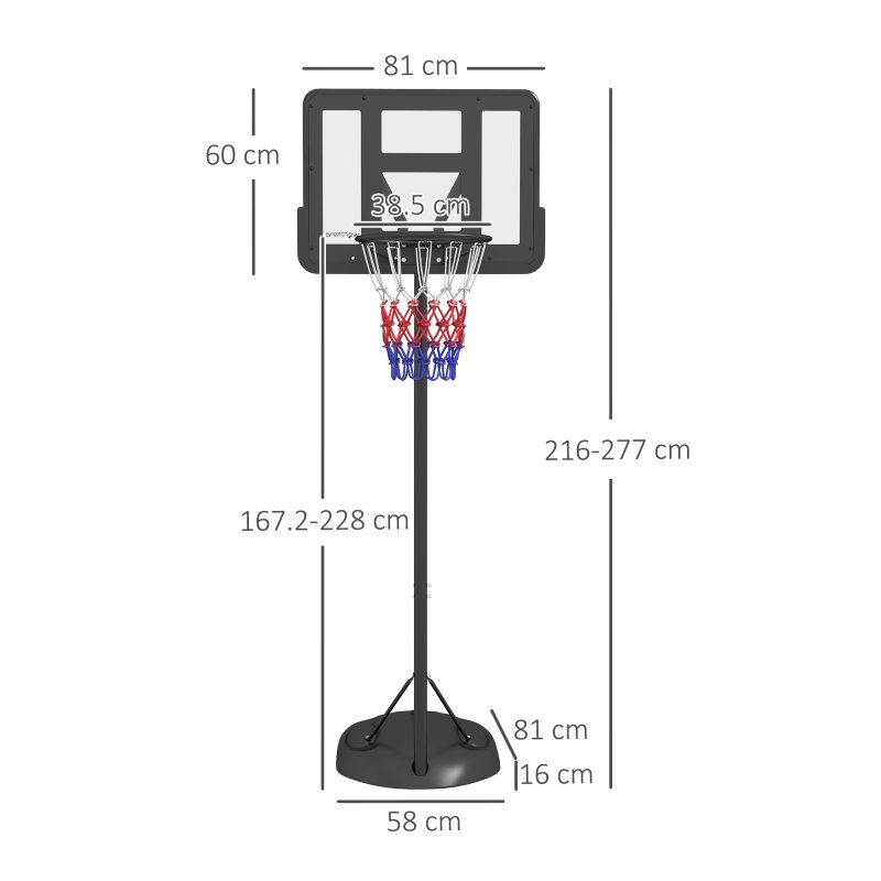 SPORTNOW Height Adjustable Basketball Hoop and Stand, Free Standing Portable Basketball Hoop System with Weighted Base and Wheels, for Kids Junior Adults, 1.7-2.3(m)