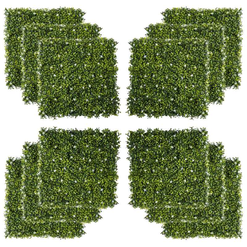 Outsunny 12PCS Artificial Boxwood Wall Panels 50cm x 50cm Grass Privacy Fence Screen Faux Hedge Greenery Backdrop Encrypted Milan Grass with White Flowers for Home Garden Backyard Balcony