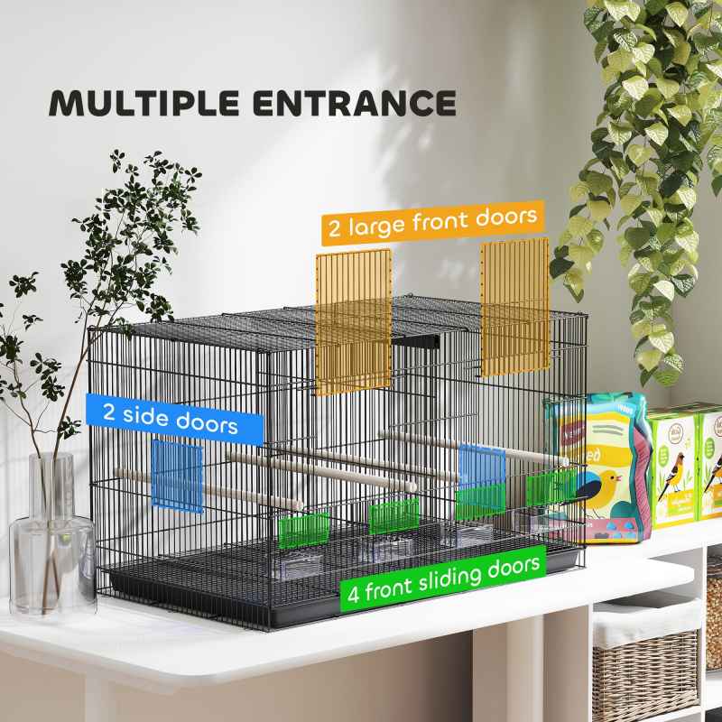 PawHut Bird Cage with Divider, Parrot Cage with 4 Wooden Perches, Slide Out Tray, 4 Feeders, for Budgie, Lovebird, Canary, Finches, 76 x 46 x 46cm, Black