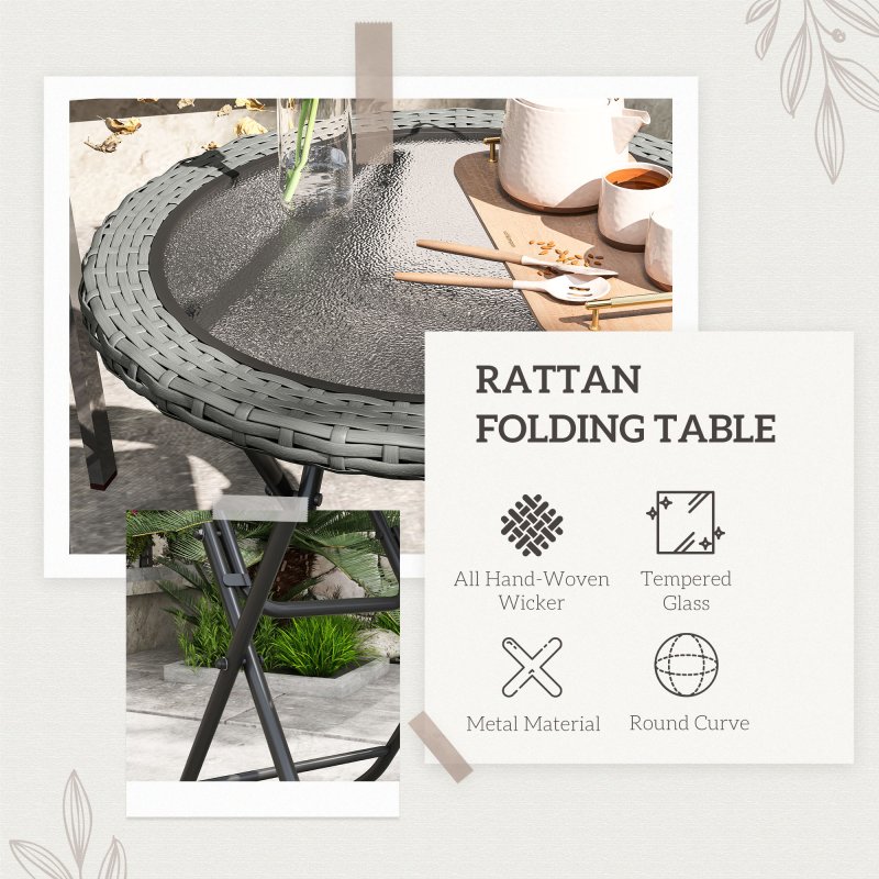 Outsunny Folding Rattan Garden Dining Table, 68 cm Round Rattan Garden Table with Water Ripple Tempered Glass Top, Wicker Edging  and Steel Frame for Outdoor, Patio, Grey