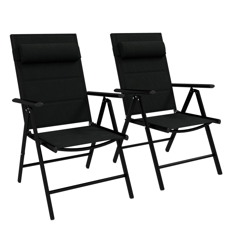 Outsunny Set of 2 Patio Folding Chairs with Adjustable Back, Aluminium Dining Chairs with Breathable Mesh Fabric Padded Seat and Backrest, Headrest for Outdoor Garden Lawn, Black