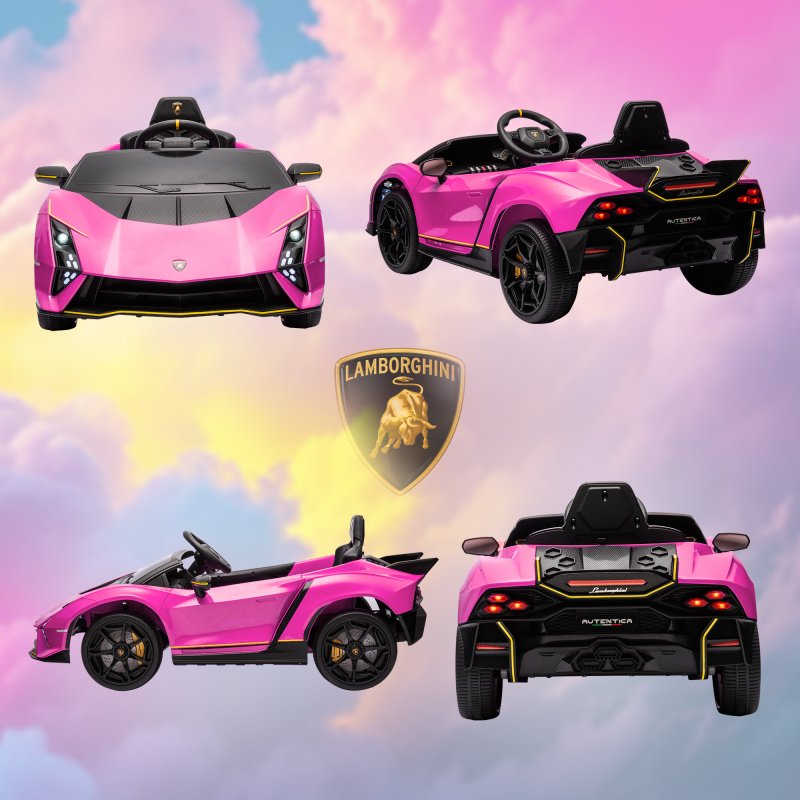 AIYAPLAY 12V Lamborghini Autentica Licensed Kids Electric Car with Butterfly Doors, Ride on Car with Remote Control, 4 Suspension Wheels, Soft Start, LED Lights, Music, Horn, Pink
