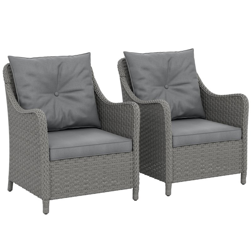 Outsunny Rattan Garden Chairs Set of 2, Outdoor Rattan Chairs with Cushions, Armrests and High Back, PE Wicker Garden Armchair with Steel Frame for Balcony, Porch, Dark Grey