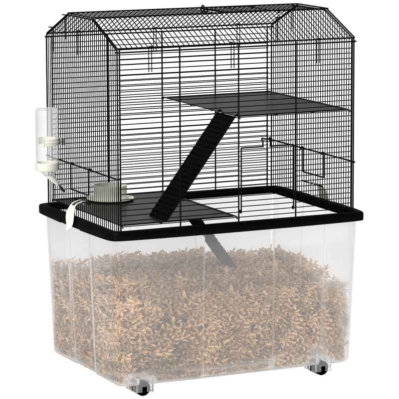 PawHut Hamster Cage, Gerbil Cage 3 Tier with Wheels, Deep Bottom, Ramps, Food Dish, Water Bottle, for Dwarf, Syrian, 57 x 43 x 74cm - Black
