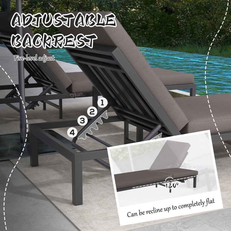 Outsunny 3 Pieces Garden Sun Loungers Set with Cushion, 5-level Adjustable Outdoor Recliner Bed Set w/ Glass Top Table, 2-In-1 Design Aluminium Frame Recliner Lounge or Use As Sofa Bed, Grey