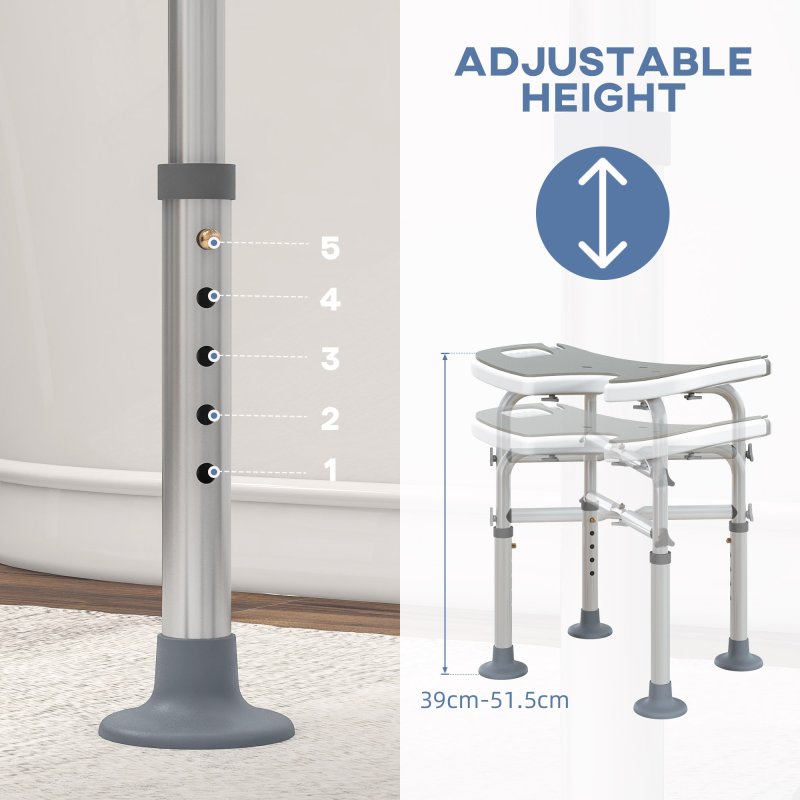 HOMCOM Height Adjustable Shower Stool with Suction Grab Rail, Aluminium Shower Chair with U-Shaped Padded Seat, Non-Slip Bath Stool for Elderly, Disabled, Seniors, Pregnant