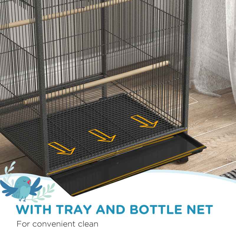 PawHut Bird Cage, Budgie Cage, Parrot Cage, with Rolling Stand, Stainless Steel Bowls, Swings, Removable Tray for Small Parrot, Budgie, Lovebird - Grey