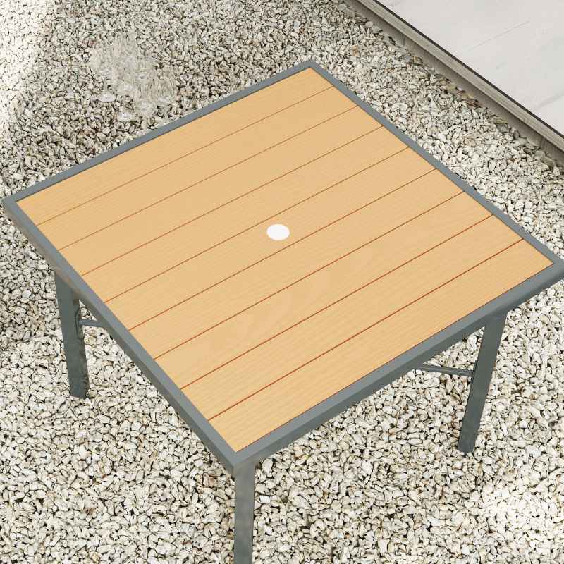 Outsunny Garden Table for 4, 90 cm Rectangular Outdoor Dining Table with 4.2 cm Umbrella Hole, Wood Effect Top, Rust Resistant Frame, for Patio, Balcony, Terrace, Natural Wood Finish