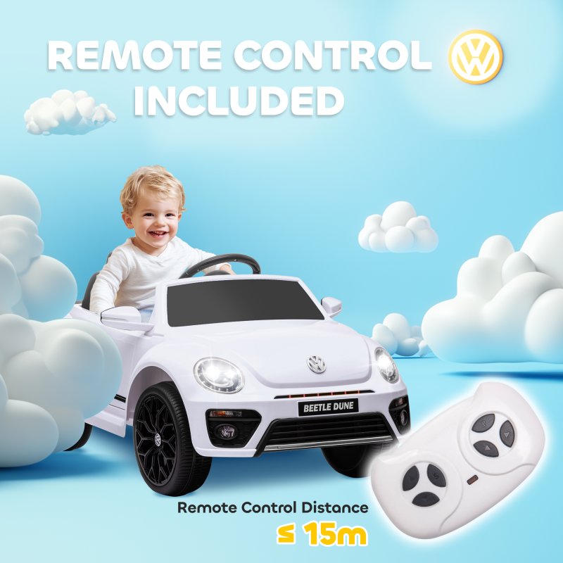 AIYAPLAY Volkswagen Beetle Licensed Ride on Car, 12V Kids Electric Car with Remote Control, 4 Spring Suspension Wheels, Soft Start, Headlights, FM Radio, Music, Horn, White