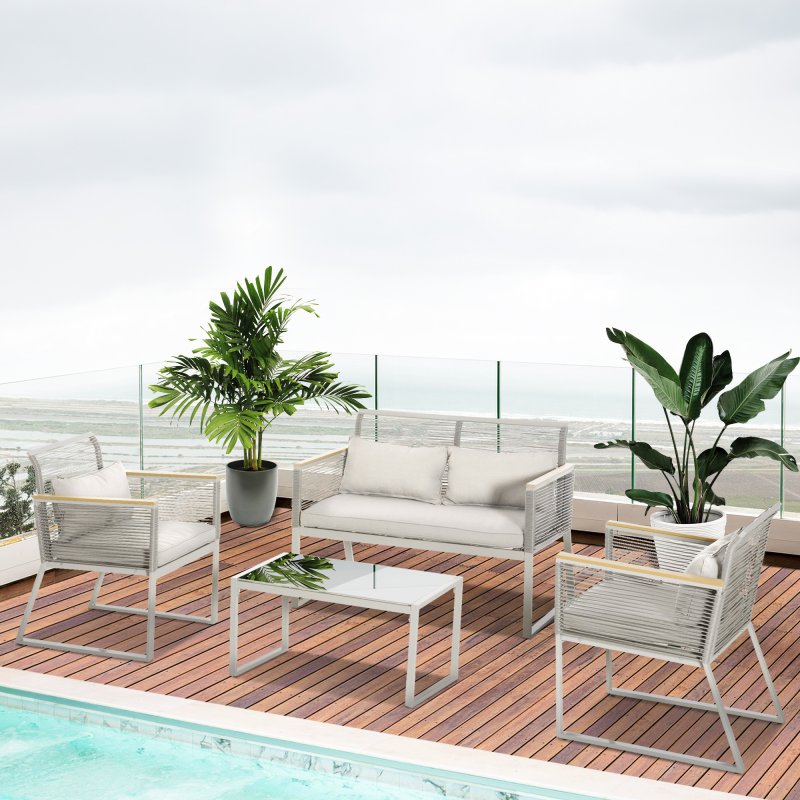 Outsunny 4 Pieces Rattan Garden Furniture Set, Metal Frame Outdoor Furniture Sofa Set with Cushions, Pillows & Tempered Glass Top Table, Wicker Garden Sofa for Conservatory, Patio, Grey