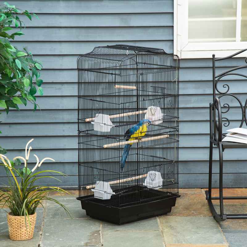 PawHut Bird Cage with Perches, Food Bowls, Swing, Parrot Cage for Budgie, Parakeet, Small Bird, 46.5 x 35.5 x 92cm, Black
