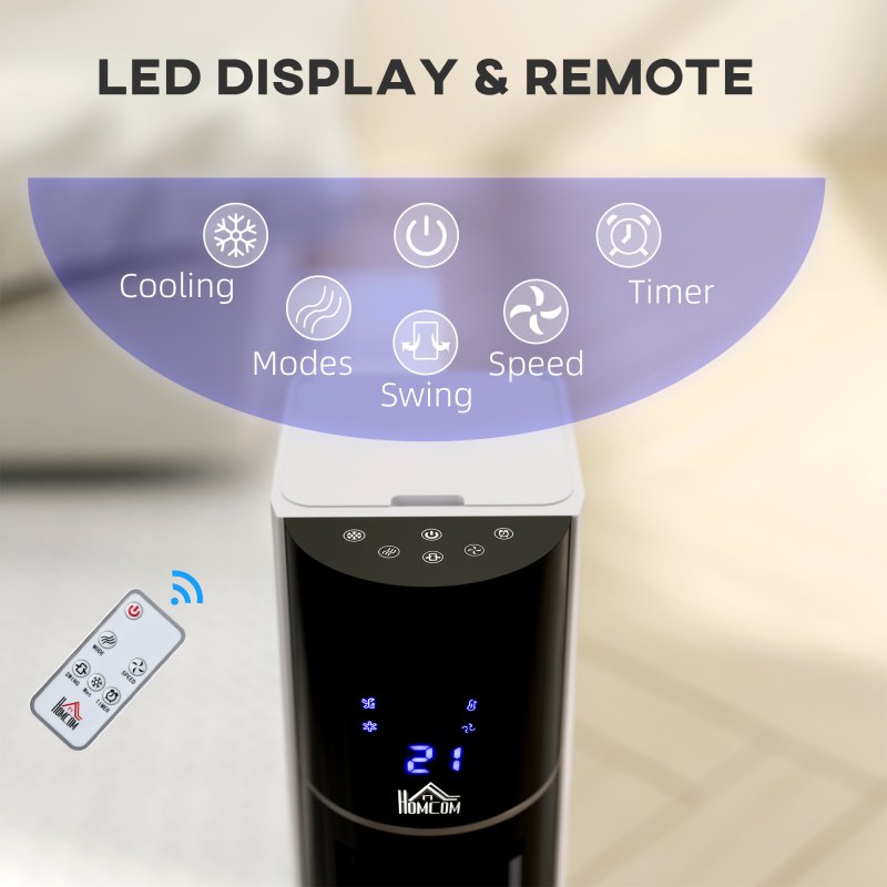 HOMCOM Portable Air Cooler, 3L Tank Evaporative Ice Cooling Tower Fan with 3 Modes, 3 Speeds, Remote, Timer, 60° Oscillating, Portable Swamp Cooler for Home Bedroom, White